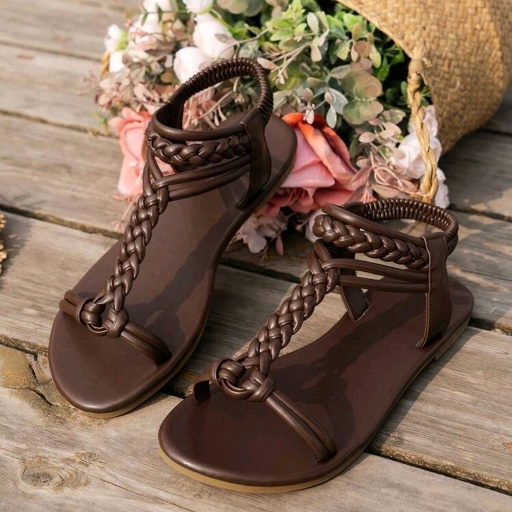 2024 New Summer Women  Deep Brown Woven Braided Strappy Beach Flat Sandals - Picture 5 of 7